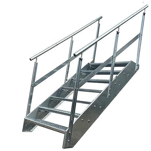 Kaminbau Mierzwa Premium Stahl Treppe Beidseitiges Geländer Verzinkt 7 Stufen (Breite 1000 mm) (Höhe 133 cm) Wetterfest Gitterroststufe Gartentreppe von Kaminbau Mierzwa