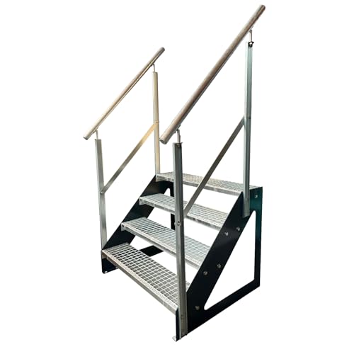 Kaminbau Mierzwa Premium Stahl Treppe Freistehend mit beidseitig verzinktem Geländer/Wangen Anthrazit RAL 7016/4 Stufen verzinkt (Breite 1200 mm) (Höhe 76 cm) Gitterroststufe Gartentreppe von Kaminbau Mierzwa