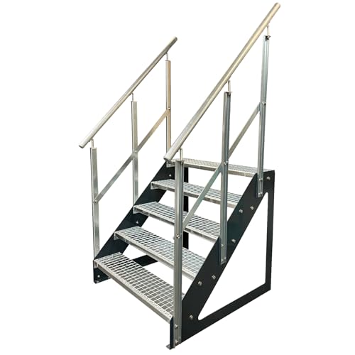 Kaminbau Mierzwa Premium Stahl Treppe Freistehend mit beidseitig verzinktem Geländer/Wangen Anthrazit RAL 7016/5 Stufen verzinkt (Breite 800 mm) (Höhe 95 cm) Gitterroststufe Gartentreppe von Kaminbau Mierzwa