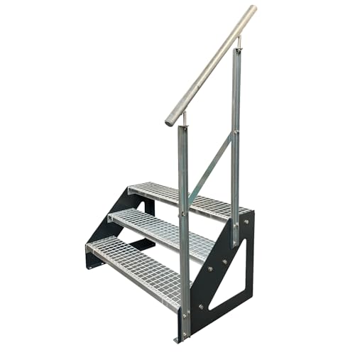Kaminbau Mierzwa Premium Stahl Treppe Freistehend mit verzinktem Geländer Rechts/Wangen Anthrazit RAL 7016/3 Stufen verzinkt (Breite 1000 mm) (Höhe 57 cm) Gitterroststufe Gartentreppe von Kaminbau Mierzwa