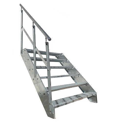 Kaminbau Mierzwa Premium Stahl Treppe Geländer Links Verzinkt 6 Stufen (Breite 1000 mm) (Höhe 114 cm) Wetterfest Gitterroststufe Gartentreppe von Kaminbau Mierzwa