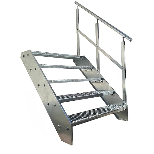 Kaminbau Mierzwa Premium Stahl Treppe Geländer Rechts Verzinkt 5 Stufen (Breite 1200 mm) (Höhe 95 cm) Wetterfest Gitterroststufe Gartentreppe von Kaminbau Mierzwa