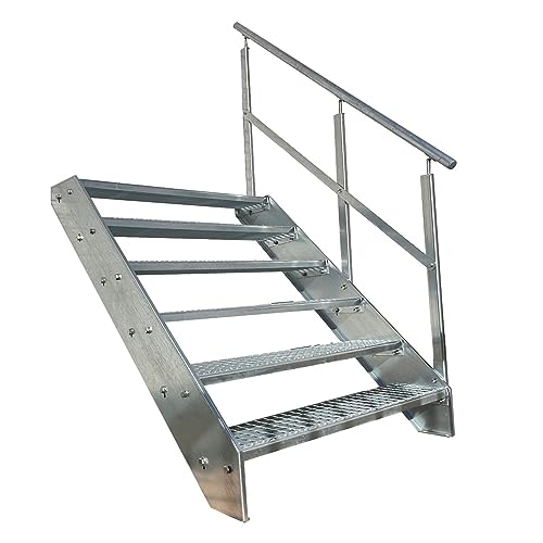 Kaminbau Mierzwa Premium Stahl Treppe Geländer Rechts Verzinkt 6 Stufen (Breite 1000 mm) (Höhe 114 cm) Wetterfest Gitterroststufe Gartentreppe von Kaminbau Mierzwa