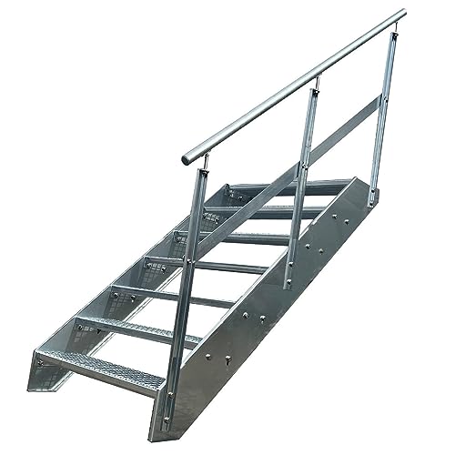 Kaminbau Mierzwa Premium Stahl Treppe Geländer Rechts Verzinkt 7 Stufen (Breite 1000 mm) (Höhe 133 cm) Wetterfest Gitterroststufe Gartentreppe von Kaminbau Mierzwa