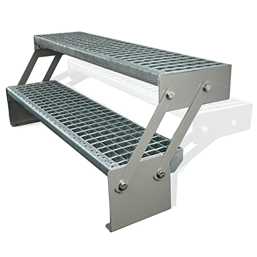 Kaminbau Mierzwa Premium Stahl Treppe Verstellbar Verzinkt & Silber Pulverbeschichtet 2 Stufen (Breite 140 cm) (Höhe 30-43 cm) Wetterfest Gitterroststufe Gartentreppe von Kaminbau Mierzwa
