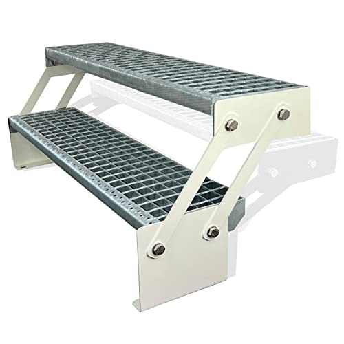 Kaminbau Mierzwa Premium Stahl Treppe Verstellbar Verzinkt & Weiß Pulverbeschichtet 2 Stufen (Breite 80 cm) (Höhe 30-43 cm) Wetterfest Gitterroststufe Gartentreppe von Kaminbau Mierzwa