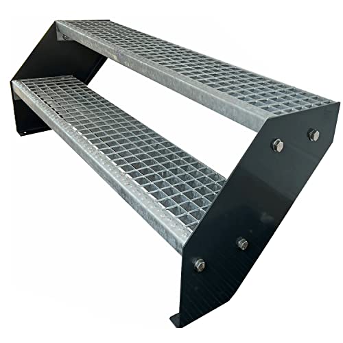 Kaminbau Mierzwa Premium Stahl Treppe Verzinkt & Anthrazit Pulverbeschichtet 2 Stufen (Breite 120 cm) (Höhe 38 cm) Wetterfest Gitterroststufe Gartentreppe von Kaminbau Mierzwa