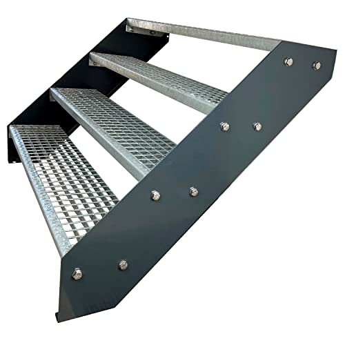 Kaminbau Mierzwa Premium Stahl Treppe Verzinkt & Anthrazit Pulverbeschichtet 4 Stufen (Breite 60 cm) (Höhe 76 cm) Wetterfest Gitterroststufe Gartentreppe von Kaminbau Mierzwa