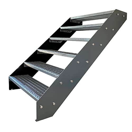 Kaminbau Mierzwa Premium Stahl Treppe Verzinkt & Anthrazit Pulverbeschichtet 6 Stufen (Breite 60 cm) (Höhe 114 cm) Wetterfest Gitterroststufe Gartentreppe von Kaminbau Mierzwa