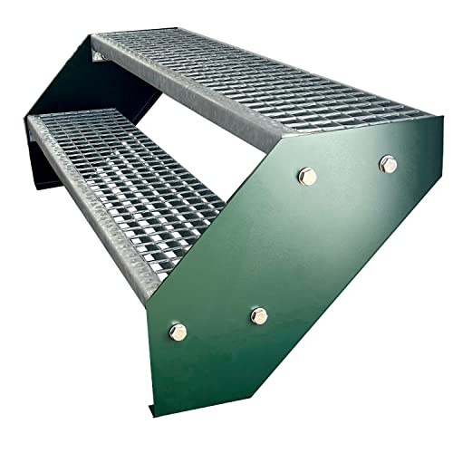 Kaminbau Mierzwa Premium Stahl Treppe Verzinkt & Grün Pulverbeschichtet 2 Stufen (Breite 60 cm) (Höhe 38 cm) Wetterfest Gitterroststufe Gartentreppe von Kaminbau Mierzwa