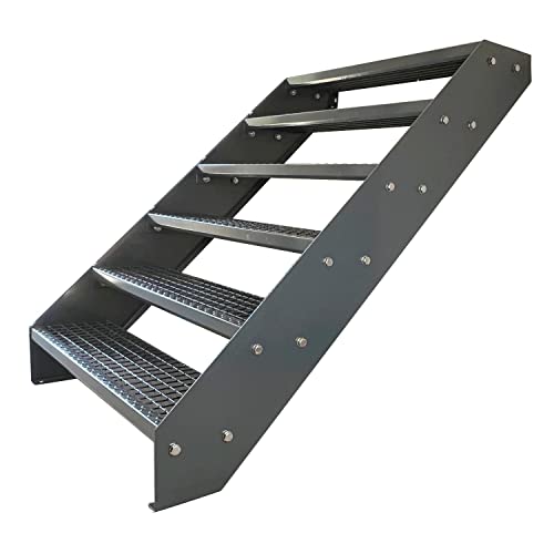 Kaminbau Mierzwa Premium Stahl Treppe Verzinkt & komplett Anthrazit Pulverbeschichtet 6 Stufen (Breite 120 cm) (Höhe 114 cm) Wetterfest Gitterroststufe Gartentreppe von Kaminbau Mierzwa