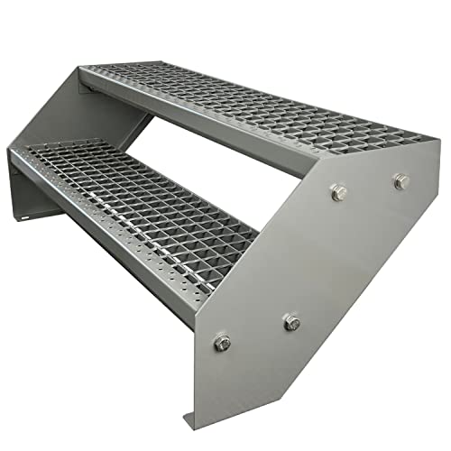 Kaminbau Mierzwa Premium Stahl Treppe Verzinkt & komplett Silber Pulverbeschichtet 2 Stufen (Breite 140 cm) (Höhe 38 cm) Wetterfest Gitterroststufe Gartentreppe von Kaminbau Mierzwa