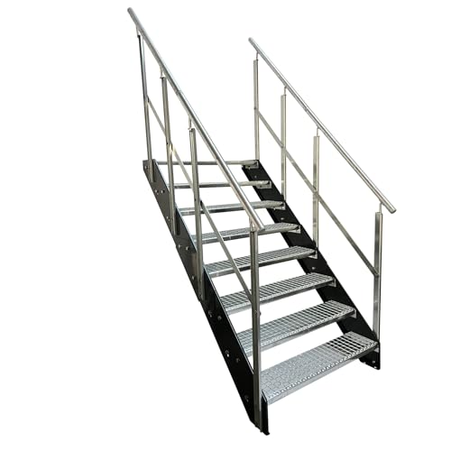 Kaminbau Mierzwa Premium Stahl Treppe W2 mit beidseitigem Geländer/Wangen in Anthrazit RAL 7016/8 Stufen (Breite wählbar) (Höhe 152 cm) Wetterfest Gitterroststufe Gartentreppe von Kaminbau Mierzwa