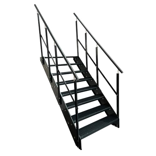 Kaminbau Mierzwa Premium Stahl Treppe W2 mit beidseitigem Geländer komplett Anthrazit /8 Stufen (Breite 1400 mm) (Höhe 152 cm) Wetterfest Gitterroststufe Gartentreppe von Kaminbau Mierzwa