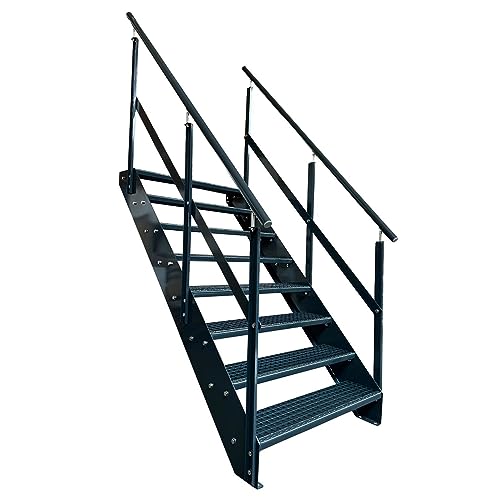Kaminbau Mierzwa Premium Stahl Treppe mit Beidseitigem Geländer komplett in Anthrazit RAL 7016/8 Stufen (Breite 1000 mm) (Höhe 152 cm) Wetterfest Gitterroststufe Gartentreppe von Kaminbau Mierzwa