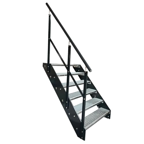 Kaminbau Mierzwa Premium Stahl Treppe mit Geländer Links/Wangen und Geländer Anthrazit RAL 7016/6 Stufen verzinkt (Breite 800 mm) (Höhe 114 cm) Wetterfest Gitterroststufe Gartentreppe von Kaminbau Mierzwa