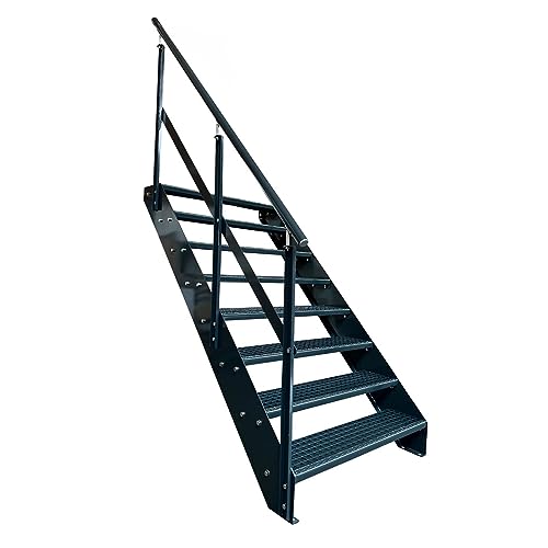 Kaminbau Mierzwa Premium Stahl Treppe mit Geländer Links in komplett Anthrazit RAL 7016/8 Stufen (Breite 1400 mm) (Höhe 152 cm) Wetterfest Gitterroststufe Gartentreppe von Kaminbau Mierzwa
