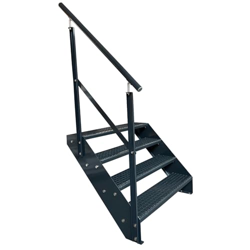 Kaminbau Mierzwa Premium Stahl Treppe mit Geländer Links komplett Anthrazit RAL 7016/4 Stufen (Breite 1000 mm) (Höhe 76 cm) Wetterfest Gitterroststufe Gartentreppe von Kaminbau Mierzwa