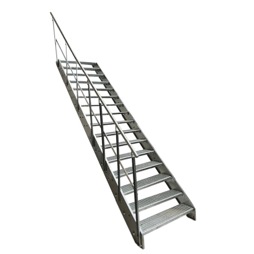 Kaminbau Mierzwa Premium Stahl Treppe mit Geländer links komplett Verzinkt / 16 Stufen (Breite 1200 mm) (Höhe 304 cm) Wetterfest Gitterroststufe Gartentreppe von Kaminbau Mierzwa
