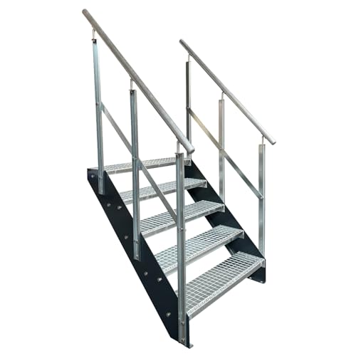 Kaminbau Mierzwa Premium Stahl Treppe mit beidseitig verzinktem Geländer/Wangen Anthrazit RAL 7016/5 Stufen verzinkt (Breite 800 mm) (Höhe 95 cm) Wetterfest Gitterroststufe Gartentreppe von Kaminbau Mierzwa