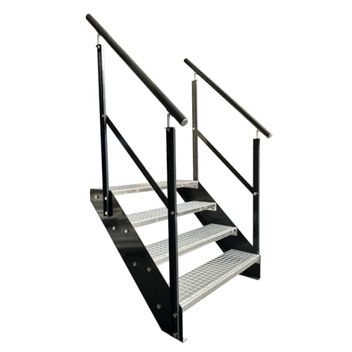 Kaminbau Mierzwa Premium Stahl Treppe mit beidseitigem Geländer/Wangen und Geländer Anthrazit RAL 7016/4 Stufen verzinkt (Breite 1000 mm) (Höhe 76 cm) Wetterfest Gitterroststufe Gartentreppe von Kaminbau Mierzwa