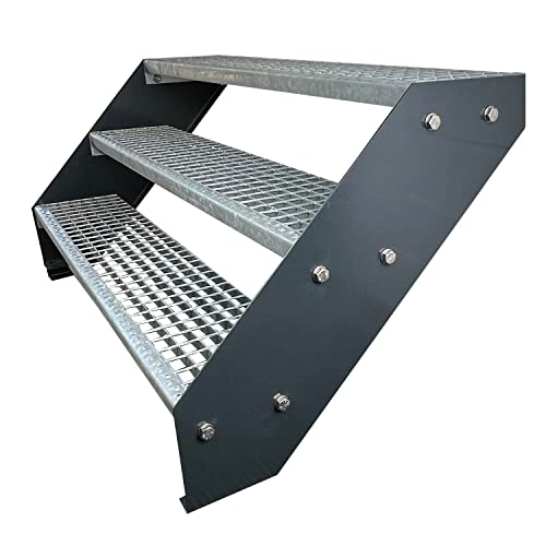 Kaminbau Mierzwa Premium Stahl Treppe Verzinkt & Anthrazit Pulverbeschichtet 3 Stufen (Breite 100 cm) (Höhe 57 cm) Wetterfest Gitterroststufe Gartentreppe von Kaminbau Mierzwa