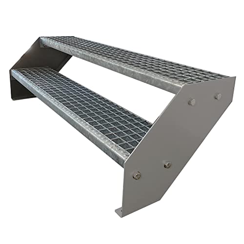 Kaminbau Mierzwa Premium Stahl Treppe Verzinkt & Silber Pulverbeschichtet 2 Stufen (Breite 140 cm) (Höhe 38 cm) Wetterfest Gitterroststufe Gartentreppe von Kaminbau Mierzwa