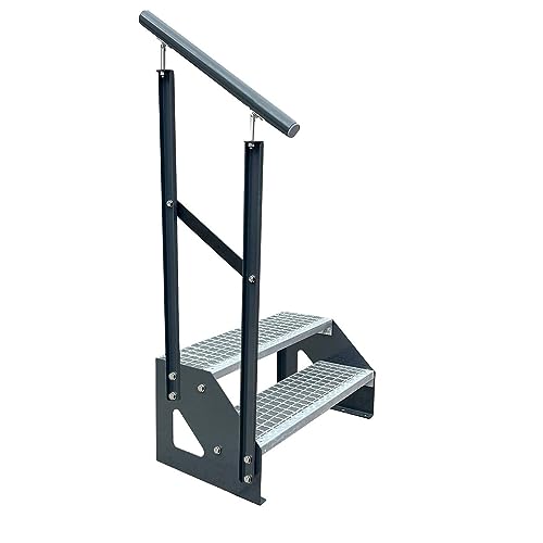 Kaminbau Mierzwa Premium Treppe Anthrazit Freistehend 2 Stufen(Verzinkt) Geländer Links (Breite 1200 mm) (Höhe 38cm) Wetterfest Gitterroststufe Gartentreppe von Kaminbau Mierzwa