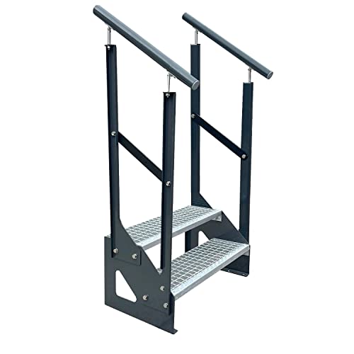 Kaminbau Mierzwa Premium Treppe Anthrazit Freistehend 2 Stufen(Verzinkt) beidseitigem Geländer (Breite 1200 mm) (Höhe 38cm) Wetterfest Gitterroststufe Gartentreppe von Kaminbau Mierzwa