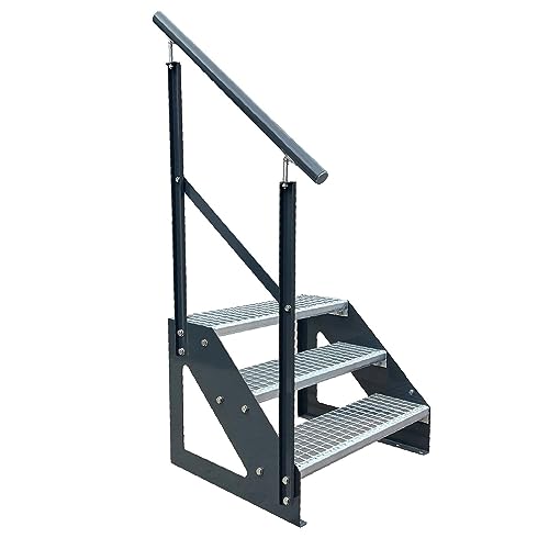 Kaminbau Mierzwa Premium Treppe Anthrazit Freistehend 3 Stufen(Verzinkt) Geländer Links (Breite 1000 mm) (Höhe 57cm) Wetterfest Gitterroststufe Gartentreppe von Kaminbau Mierzwa