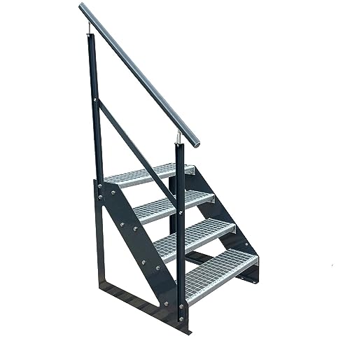 Kaminbau Mierzwa Premium Treppe Anthrazit Freistehend 4 Stufen(Verzinkt)(Verzinkt) Geländer Links (Breite 1000 mm) (Höhe 76cm) Wetterfest Gitterroststufe Gartentreppe von Kaminbau Mierzwa