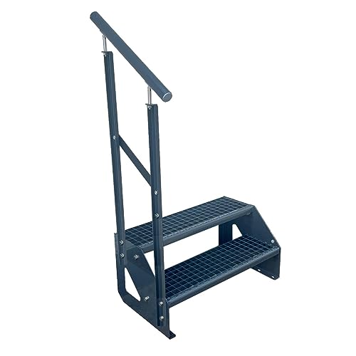 Kaminbau Mierzwa Premium Treppe Freistehend 2 Stufen Anthrazit Geländer Links (Breite 600 mm) (Höhe 38cm) Wetterfest Gitterroststufe Gartentreppe von Kaminbau Mierzwa