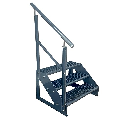 Kaminbau Mierzwa Premium Treppe Freistehend 3 Stufen Anthrazit Geländer Links (Breite 1000 mm) (Höhe 57cm) Wetterfest Gitterroststufe Gartentreppe von Kaminbau Mierzwa