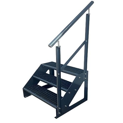 Kaminbau Mierzwa Premium Treppe Freistehend 3 Stufen Anthrazit Geländer Rechts (Breite 1000 mm) (Höhe 57cm) Wetterfest Gitterroststufe Gartentreppe von Kaminbau Mierzwa