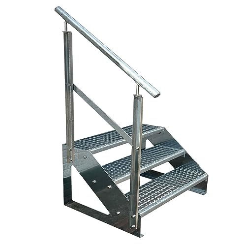 Kaminbau Mierzwa Premium Treppe Freistehend 3 Stufen Geländer Links (Breite 1000 mm) (Höhe 57cm) Wetterfest Gitterroststufe Gartentreppe von Kaminbau Mierzwa