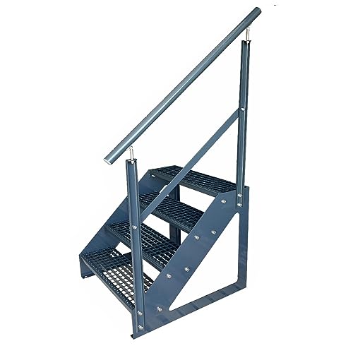 Kaminbau Mierzwa Premium Treppe Freistehend 4 Stufen Anthrazit Geländer Rechts (Breite 1400 mm) (Höhe 76cm) Wetterfest Gitterroststufe Gartentreppe von Kaminbau Mierzwa