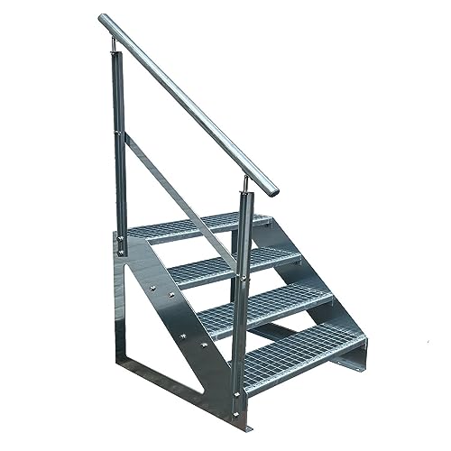 Kaminbau Mierzwa Premium Treppe Freistehend 4 Stufen Geländer Links (Breite 1200 mm) (Höhe 76cm) Wetterfest Gitterroststufe Gartentreppe von Kaminbau Mierzwa