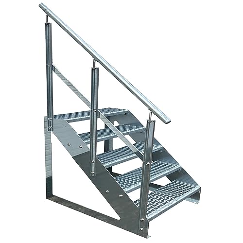 Kaminbau Mierzwa Premium Treppe Freistehend 5 Stufen Geländer Links (Breite 600 mm) (Höhe 95cm) Wetterfest Gitterroststufe Gartentreppe von Kaminbau Mierzwa