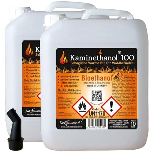 20 L Bioethanol 100% Ethanol 20 Liter Bio Alkohol 10 L Kanister Kamin Ausgießer von Kaminethanol