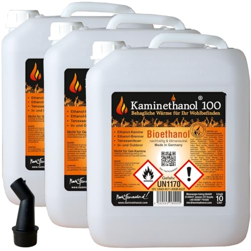 30 L Bioethanol 100% Ethanol 30 Liter Bio Alkohol 10 L Kanister Kamin Ausgießer von Kaminethanol