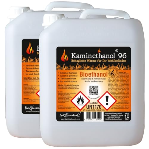 Kaminethanol Icking 20 Liter Bioethanol 96,6% (2 x 10 L) Premium Qualität - direkt vom Hersteller für Ethanol Kamine, Alkohol-Brenner, Terrasenfeuer, Raumfeuer und Gartenfackeln von Kaminethanol