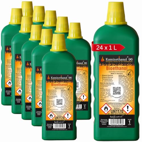 Kaminethanol Icking 24 Liter Bioethanol 96,6% (24 x 1 L) Premium Qualität – für Ethanol Kamine, Alkohol-Brenner und In- und Outdoor - direkt vom Hersteller von Kaminethanol