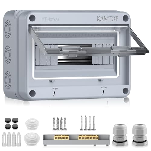 Kamtop Verteilerkasten Aufputz,IP65 Sicherungskasten Aufputz, 1 Reihig 12 Modules kleiner Verteilerkasten Mit 5 Terminals 7 Steckverbinder für Außenbereich, Garten, Bauernhof, Laden von Kamtop