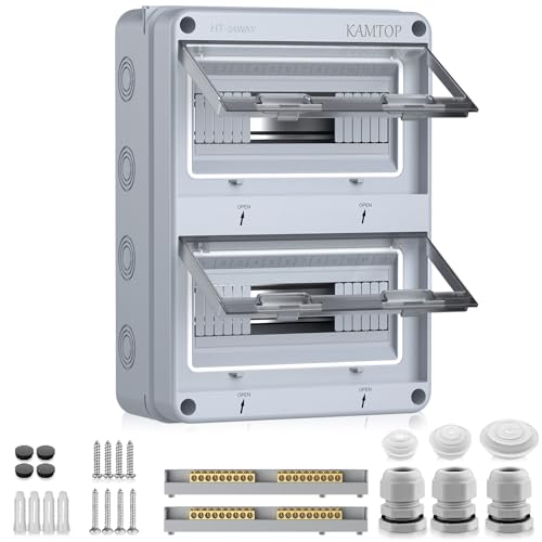 Kamtop Verteilerkasten Aufputz,IP65 Sicherungskasten Aufputz, 2 Reihig 24 Modules kleiner Verteilerkasten Mit 5 Terminals 7 Steckverbinder für Außenbereich, Garten, Bauernhof, Laden von Kamtop