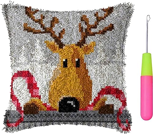 KanDuo Handcrafts Knüpfteppich-Häkelsets, Knüpfkissen-Sets, Weihnachts-Rentier-Kissenbezug, unvollendeter Wurfkissenbezug, Stickset mit bedruckter Leinwand (Farbe: Rentier) (Color : Reindeer) von KanDuo