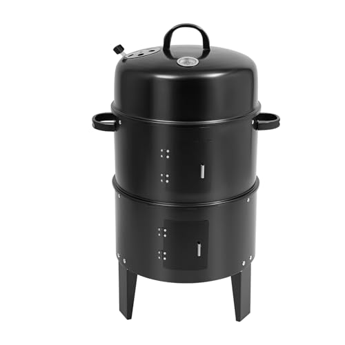 3 in 1 Räucherofen Räucherschrank Räuchertonne Grill Ofen Smoker mit Thermometer und Dämpfer für Grill Gegrillter Fisch Geräuchert 84cm Höhe Schwarz von Kanbihao