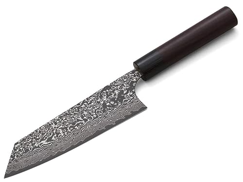 Kanehiro Damast Profi-Messer BUNKA Kurosome Yoshimi Kato. Klingen-Länge 16cm. VG-10 Schneidkern, 30 Lagen Damast, hand-geschmiedet. Runder Echt-Holz-Griff aus hochwertigem Rosenholz-Palisander von Kanehiro