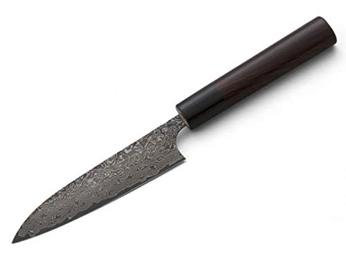 Kanehiro Damast Profi-Messer PETTY Kurosome Yoshimi Kato. Klingen-Länge 12cm. VG-10 Schneidkern, 30 Lagen Damast, hand-geschmiedet. Runder Echt-Holz-Griff aus hochwertigem Rosenholz-Palisander von Kanehiro