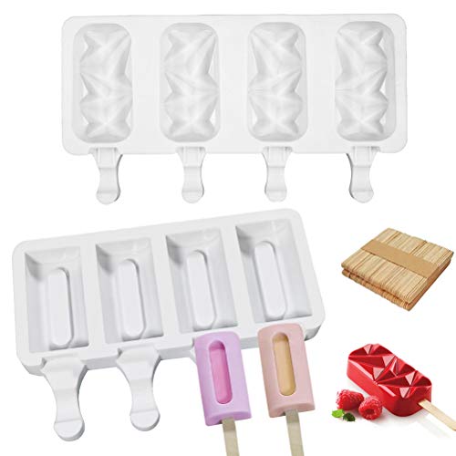 Eisformen, 2 Stück 4 Hohlräume Silikoneis-Kuchenform Eisbacken Frozen Mold Tray DIY Küchenwerkzeug, mit 50 Stück Lollipop Sticks, Diamond Popsicle Frozen Dessert Maker Cakesicles Tablett von Kangmeile