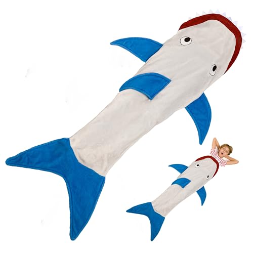 Kanguru Hai Decke zum anziehen, Shark Blanket für Kinder, weiche Mikrofaser-Fisch Plaid, für Sofa, Reisedecke 142cm lang, mit Flosse, Geschenkidee Geburtstag, Grigio, Blu, Rosso von Kanguru